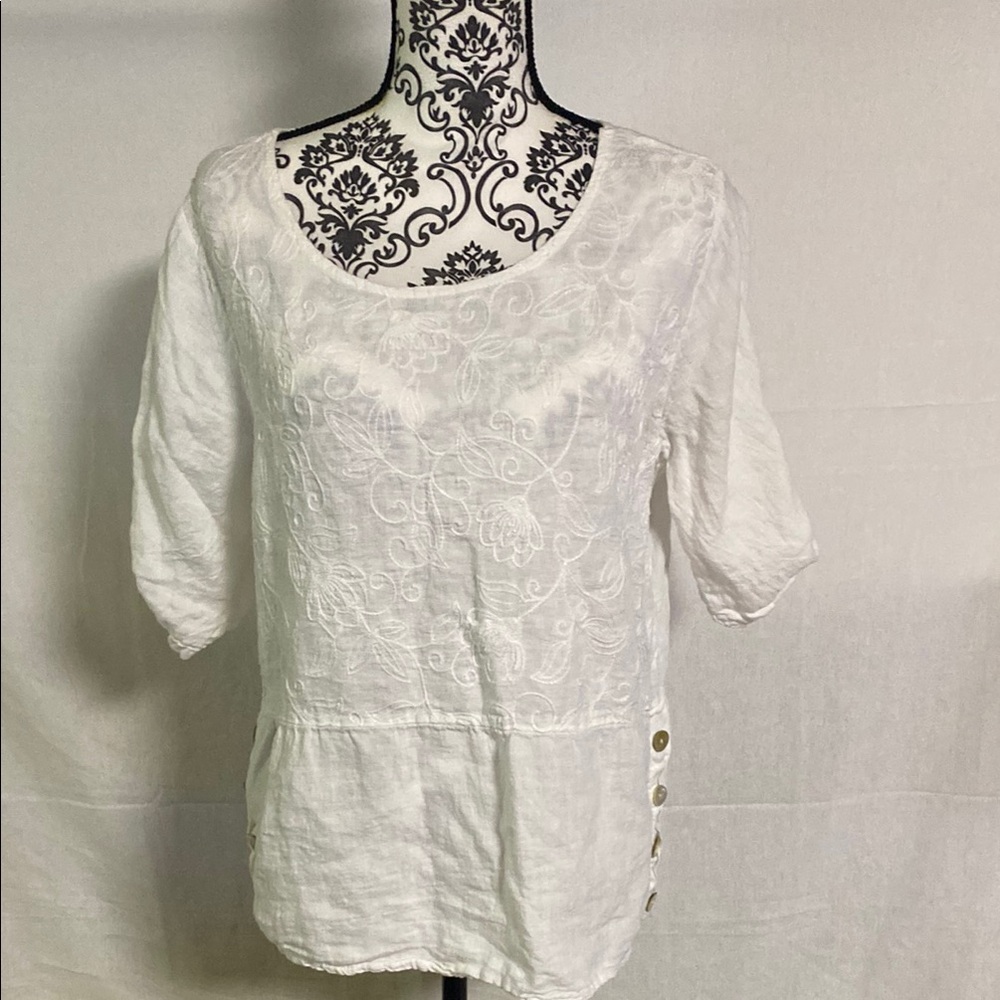 White Italian Linen Boho Embroidered Tunic Roll Tab Sleeve Top EUC